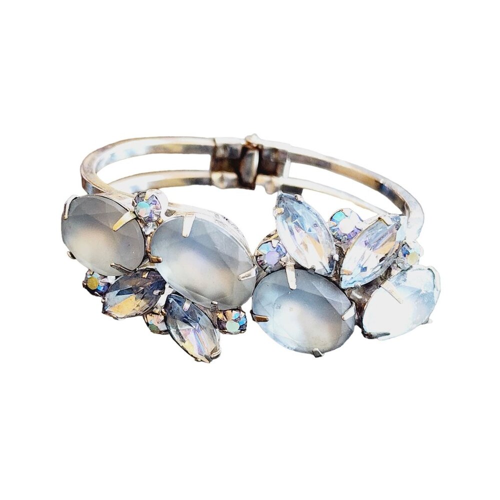 Vintage Frosted Glass Rhinestone Clamper Bracelet (A1722)